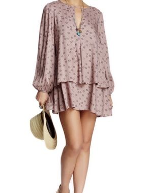 Free People Mini Dress Pink Floral Long Sleeve Boho Keyhole XS